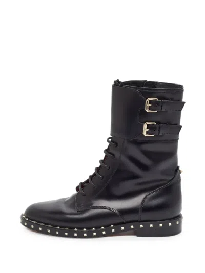 Pre-owned Valentino Garavani Rockstud Leather Combat Boots In Black
