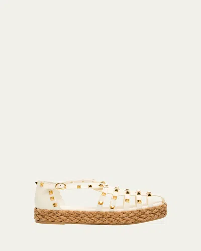Valentino Garavani Rockstud Leather Espadrille Fisherman Sandals In Ivory / Naturale