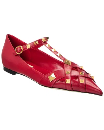 Valentino Garavani Valentino Rockstud Leather Flat In Red