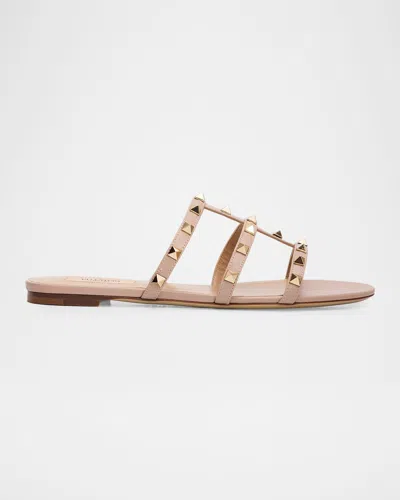 Valentino Garavani Rockstud Leather Flat Slide Sandals In Pink