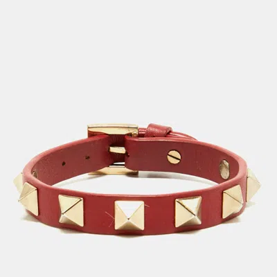 Pre-owned Valentino Garavani Rockstud Leather Gold Tone Bracelet