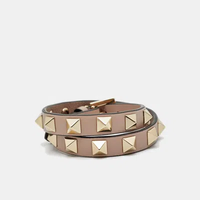 Pre-owned Valentino Garavani Rockstud Leather Gold Tone Wrap Bracelet