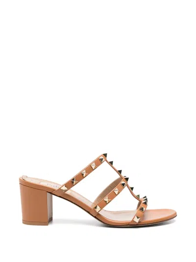 Pre-owned Valentino Garavani Rockstud Leather Heeled Sandals In Brown