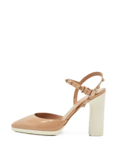 Pre-owned Valentino Garavani Rockstud Leather Heeled Sandals In Neutral