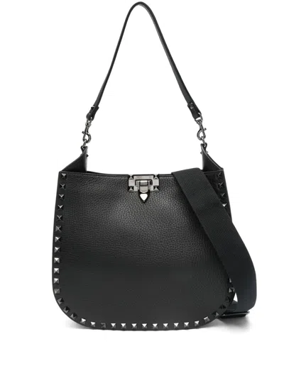 Valentino Garavani Rockstud Leather Hobo Bag In Black