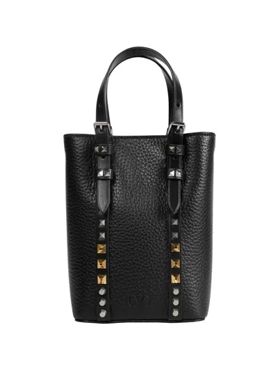Valentino Garavani Rockstud Leather Mini Tote Bag Top Handles In Black