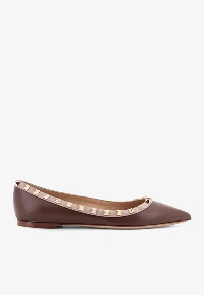 Valentino Garavani Studded Leather Ballerinas Pointed Toe In Brown