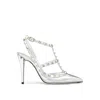 Valentino Garavani Pointed Toe Patent Leather Pumps With Ankle Strap And Square Studs In White
