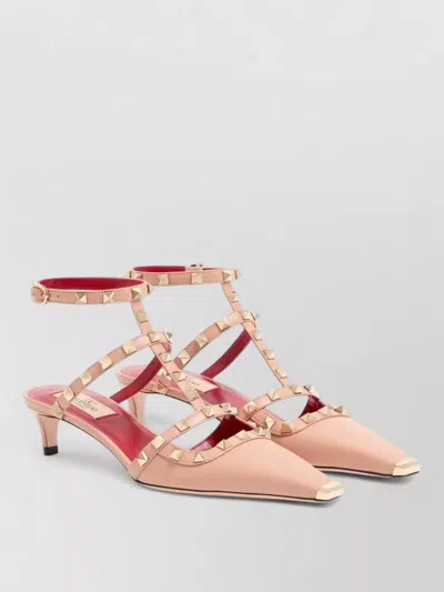 Valentino Garavani Rockstud Leather Pumps Ankle Strap Kitten In Pink