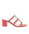 Valentino Studded Leather Sandals With Mid Block Heel In Red