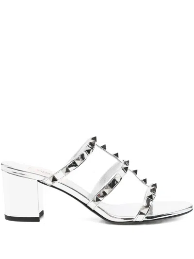 Pre-owned Valentino Garavani Rockstud Leather Sandals In Silver
