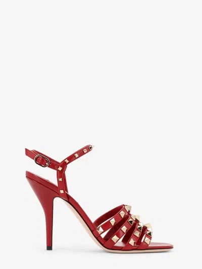 Valentino Garavani Rockstud Leather Sandals With Iconic All-over Studs In Red