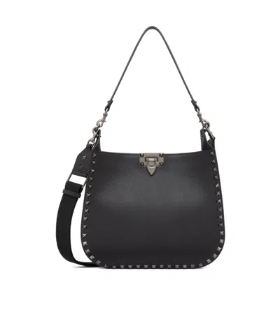 Valentino Garavani Rockstud Grainy Calfskin Hobo Bag Woman Black Uni
