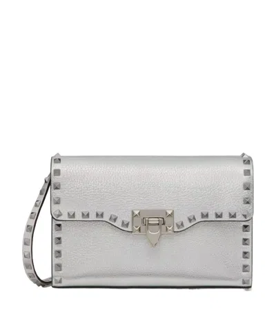 Valentino Garavani Rockstud Leather Shoulder Bag In Silver