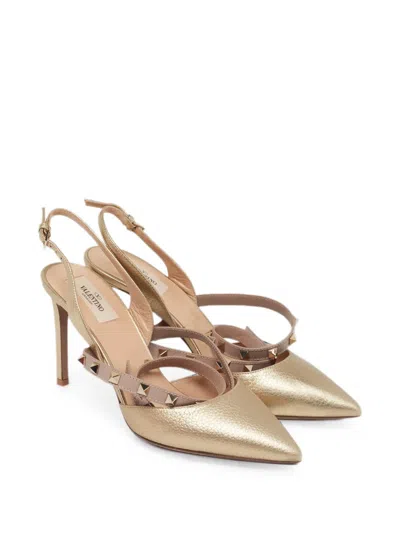 Pre-owned Valentino Garavani Rockstud Leather Slingback Pumps In Gold