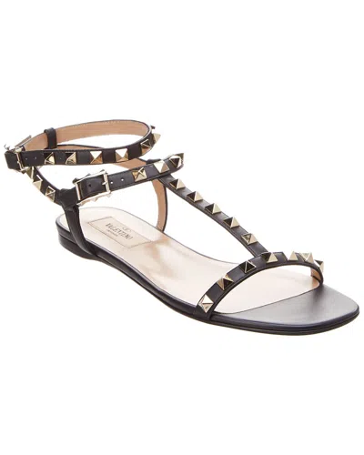 Valentino Garavani Valentino Rockstud Leather T Strap Ankle Wrap Flat Sandal In Black