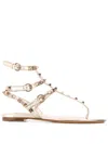 Valentino Rockstud Leather Cage Flat Thong Sandals In Neutral