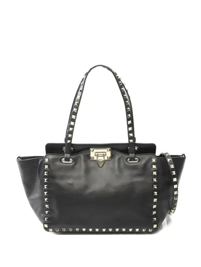 Pre-owned Valentino Garavani Rockstud Leather Tote Bag In Black