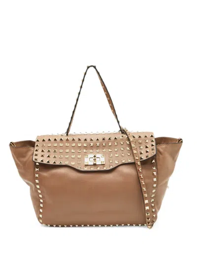 Pre-owned Valentino Garavani Rockstud Leather Tote Bag In Brown
