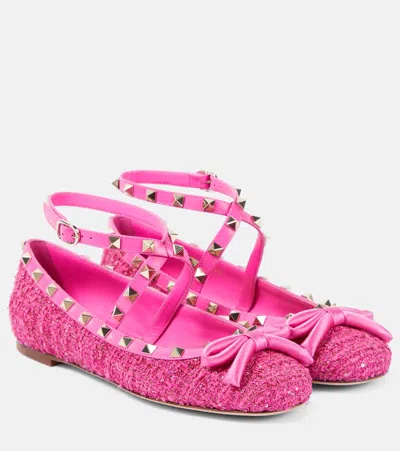Valentino Garavani Rockstud Leather-trimmed Bouclé Ballet Flats In Pink