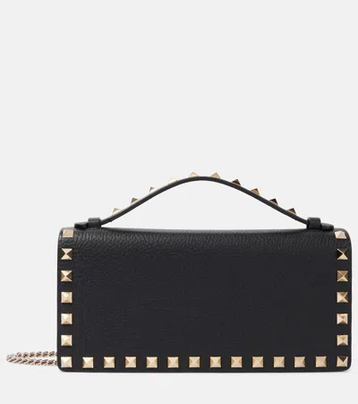 Valentino Garavani Rockstud Leather Wallet On Chain In Black