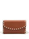 Valentino Rockstud Mini Grainy Leather Wallet On Chain In Brown