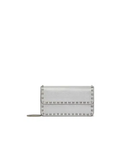 Valentino Garavani Rockstud Leather Wallet-on-chain In Gray
