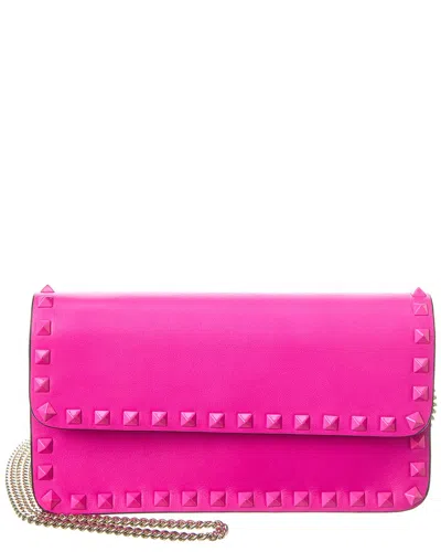 Valentino Garavani Valentino Rockstud Leather Wallet On Chain In Pink