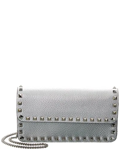 Valentino Garavani Valentino Rockstud Leather Wallet On Chain In Silver