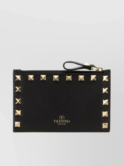Valentino Garavani Rockstud Leather Wallet With Textured Finish In Black