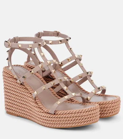 Valentino Garavani Rockstud Ankle Strap Wedge Sandal In Calfskin Leather 95 Mm Woman Skin 41 In Neutral