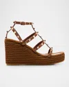 Valentino Rockstud Torchon 105 Leather Espadrille Wedge Sandals In Tobacco