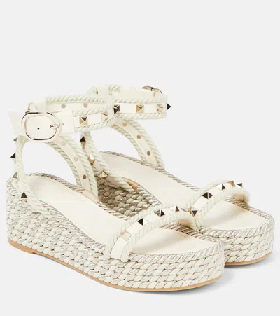 Valentino Garavani Rockstud Leather Wedge Espadrilles In White