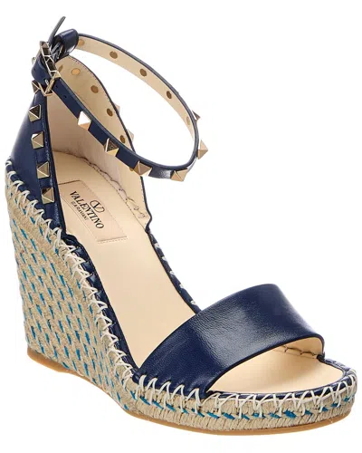 Valentino Garavani Valentino Rockstud Leather Wedge Sandal In Blue