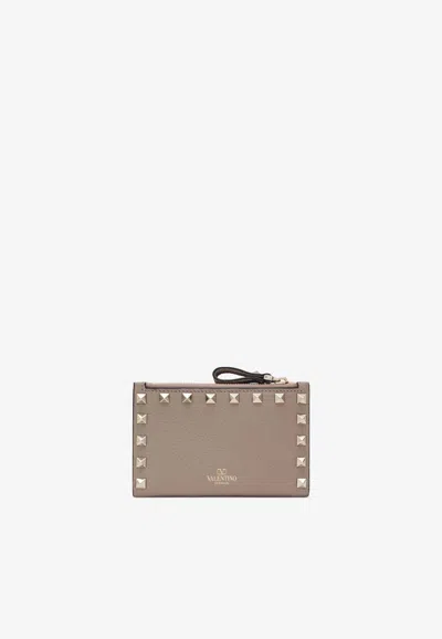 Valentino Garavani Rockstud Leather Zip Cardholder In White