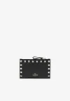 Valentino Rockstud Leather Zip Around Card Holder In Black