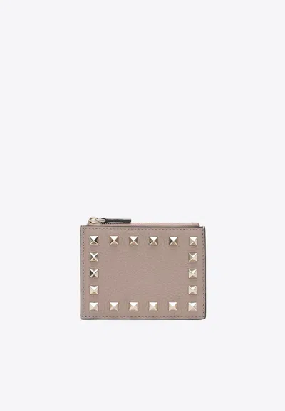 Valentino Garavani Rockstud Leather Zipped Cardholder In Pink