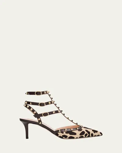 Valentino Garavani Rockstud Leopard-printed Calf Hair Caged Pumps In Brown