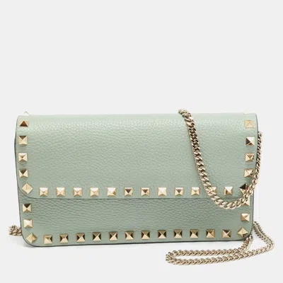 Pre-owned Valentino Garavani Rockstud Light Green Leather Wallet On Chain