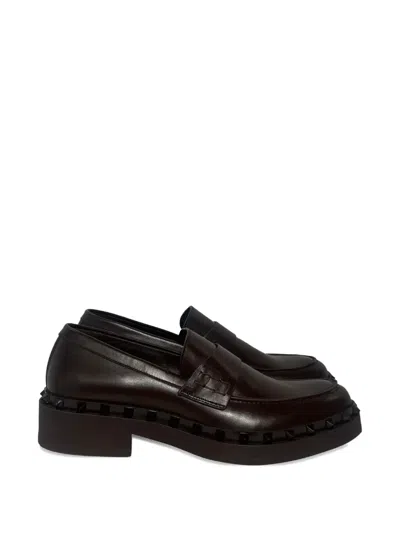 Pre-owned Valentino Garavani Rockstud Loafers In Brown
