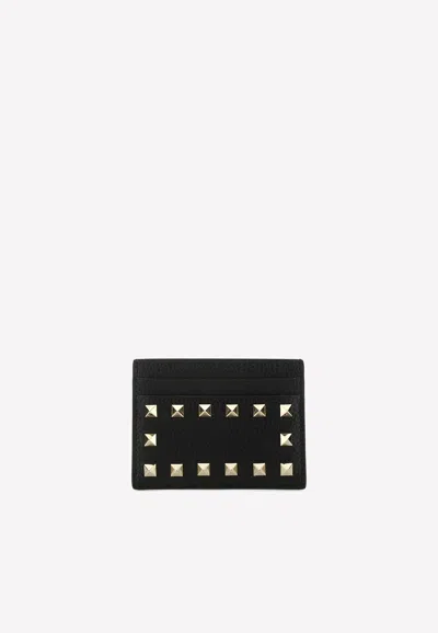 Valentino Garavani Rockstud Logo Cardholder In Grained Leather In Black