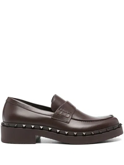 Valentino Garavani Rockstud M-way Leather Loafers In Brown