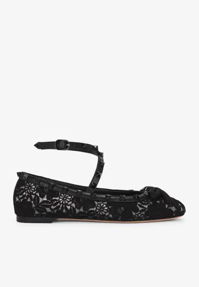 VALENTINO GARAVANI ROCKSTUD MACRAMÉ LACE BALLERINAS