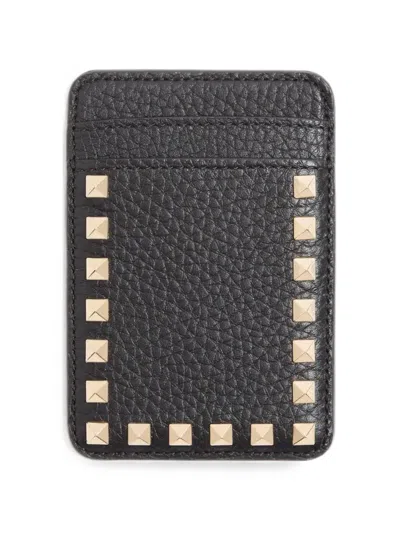 Valentino Garavani Rockstud Magnetic Cardholder In Grainy Calfskin In Black