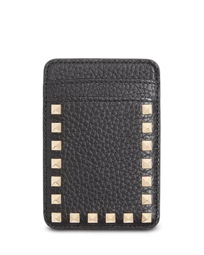 Valentino Garavani Rockstud Magnetic Leather Card Holder In Black Multi