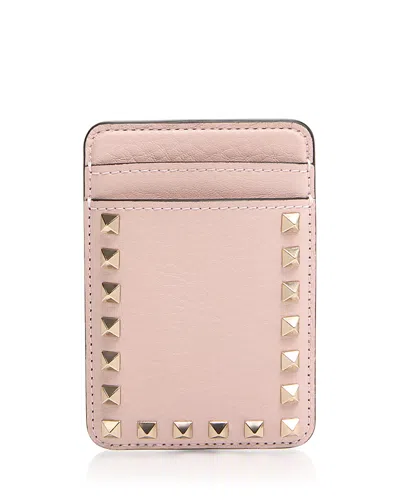 Valentino Garavani Rockstud Magnetic Leather Card Holder In Pink