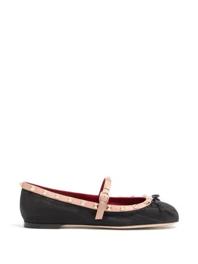 Valentino Garavani Mary-jane Rockstud Ballerina In Moire Fabric 05mm Woman Black 39