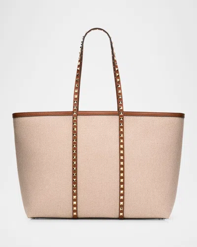 Valentino Garavani Rockstud Medium Canvas Tote Bag In Natural Tobacco Selleria