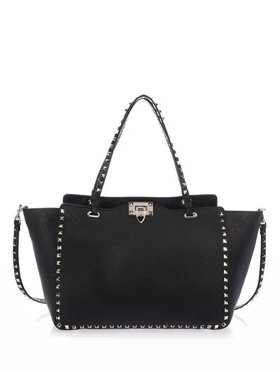 Valentino Garavani Rockstud Medium Tote In Black Calf Leather