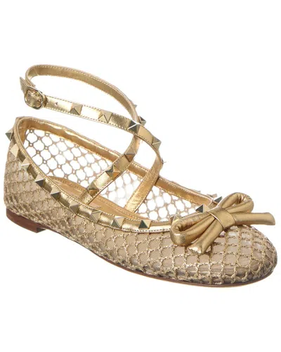 Valentino Garavani Rockstud Mesh & Leather Ballerina Flat In Gold